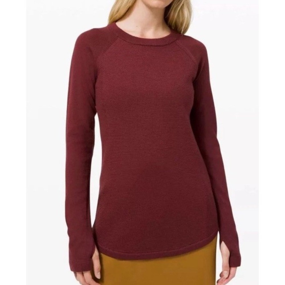 LULULEMON Sit In Lotus Sweater Merino Wool Long Sleeve Wine Maroon Thumbhole 6 - Picture 3 of 5